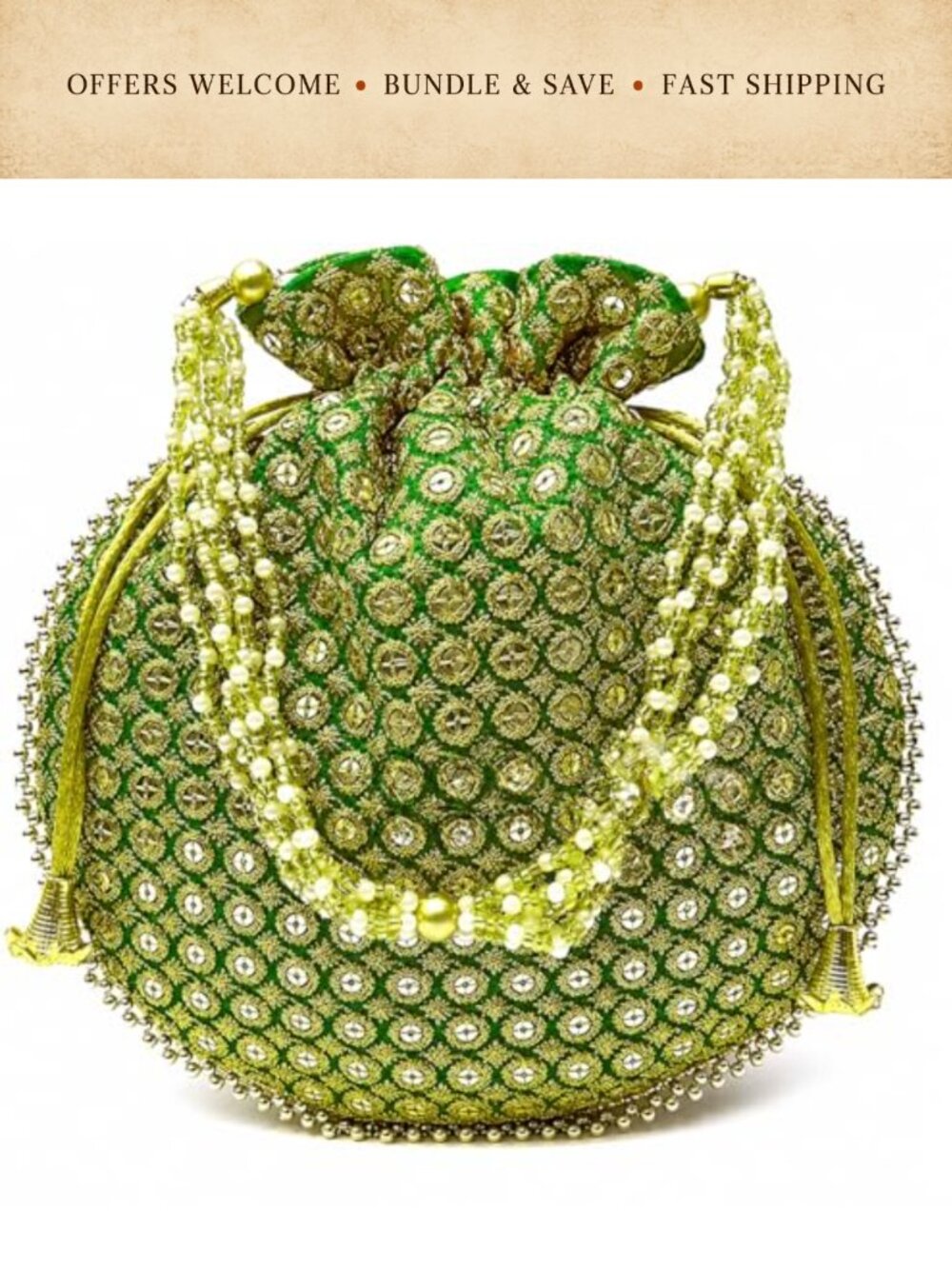 Satin Potli Bag Embroidered Pearl Handle Drawstring Bridal Ethnic Clutch